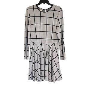 Ali Ro Women Black Grid Flare Skater Dress‎ Size 12 Long Sleeve Round Neck